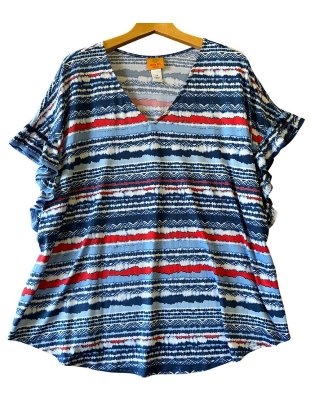 Ruby Rd. Womens 2X Striped Ruffle Sleeve Top V-Neck